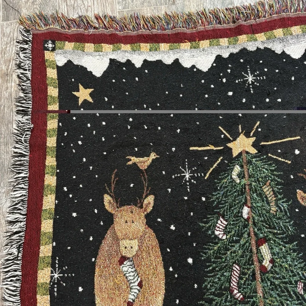 Woven Christmas Tapestry Throw Blanket Reindeer Party Trees Stockings 45x54